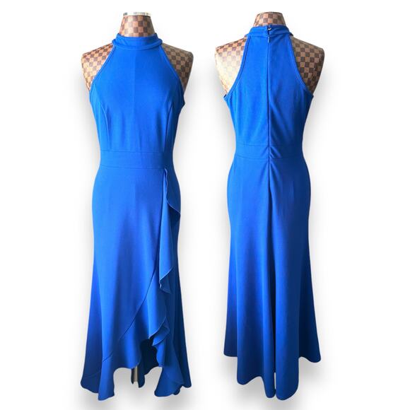 Woosea Royal Blue Mermaid Dress Large Maxi Bodycan High Neck Front Slit Halter - Picture 10 of 10